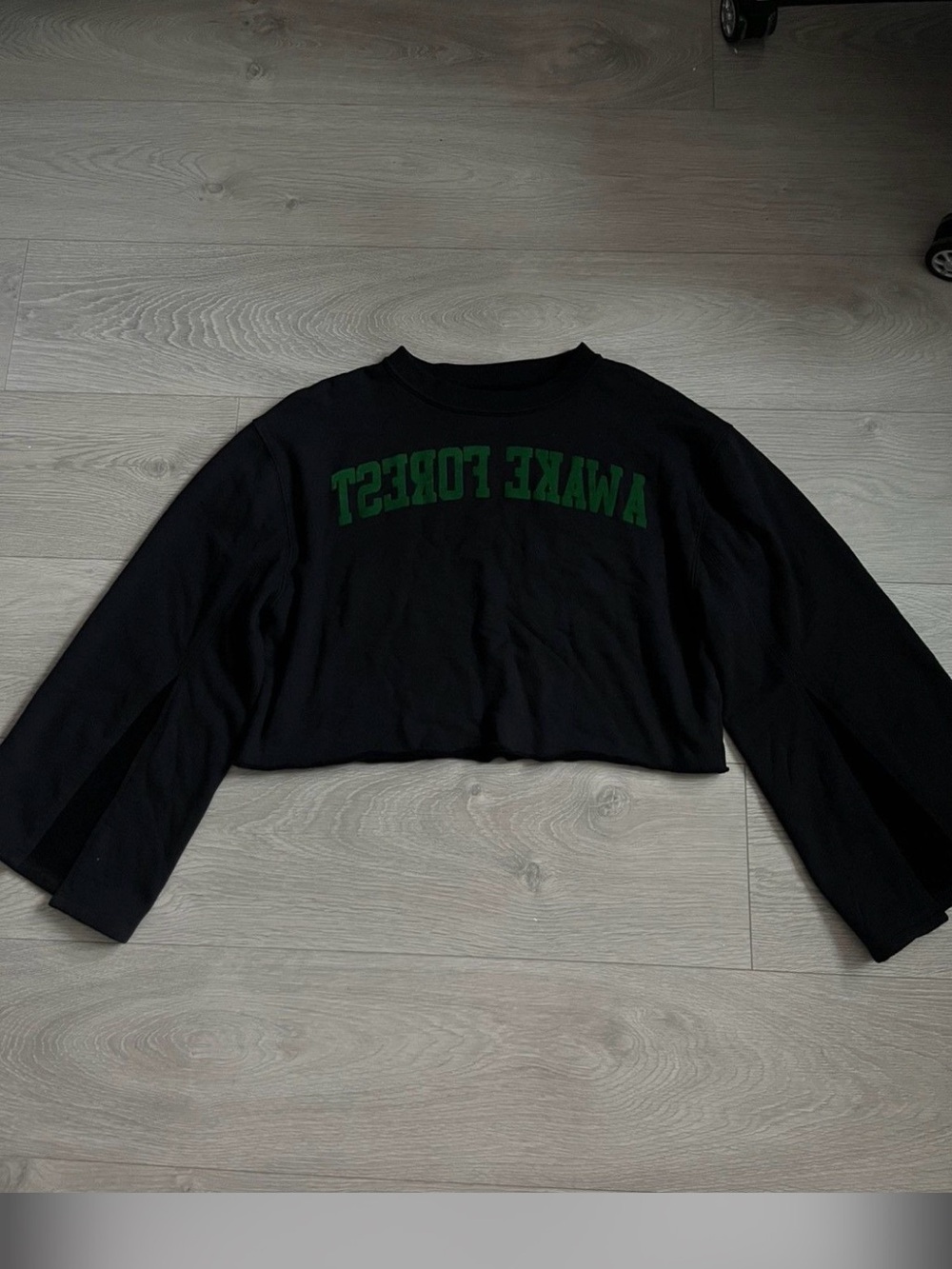 Off-White Black Cropped Crewneck Sweater with Green Print